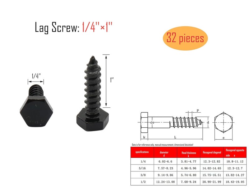 LBY 32pcs Lag Screws, 1/4" x 1" Hex Head Lag Screws Bolts (with Washers), Heavy-Duty Wood Screws for Decking & Structural Fastening, 304 Stainless Steel, (Black) - Image 3